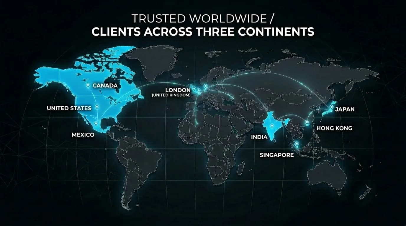 World map highlighting our clients across the United States, Canada, Mexico, the United Kingdom, India, Singapore, Hong Kong and Japan
