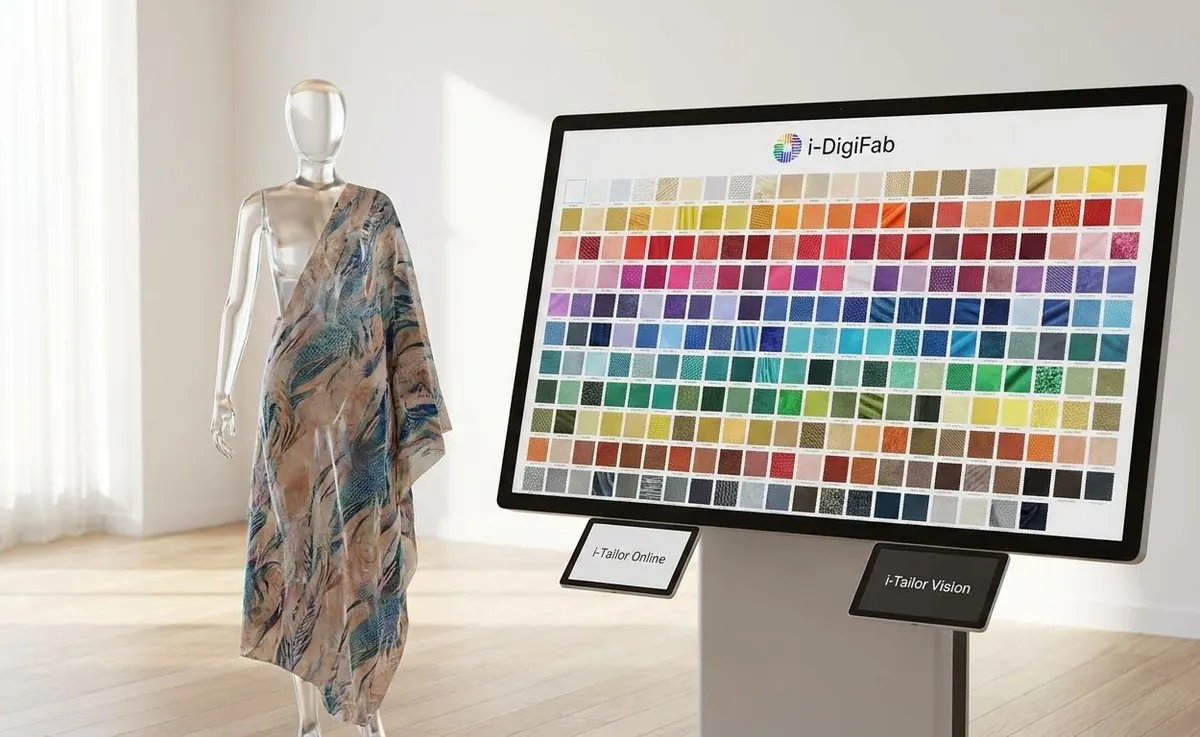 A showroom screen displaying several hundred digitised fabric swatches, with a draped length of printed cloth on a mannequin beside it.