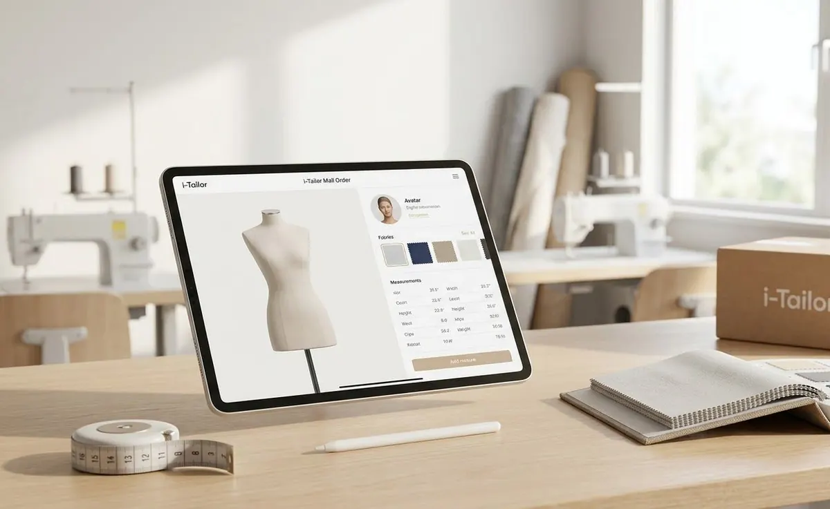 A tablet on an atelier bench running i-Tailor Mail Order, showing a customer profile, fabric swatches and a stored measurement set beside a tape measure and a swatch book.