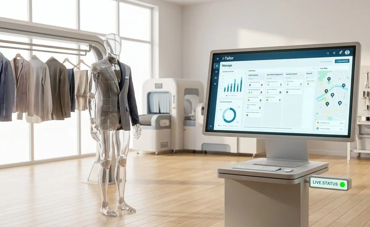 A production-floor terminal running i-Tailor Manage, showing order routing, specialist assignment, quality control and rework columns beside throughput charts.