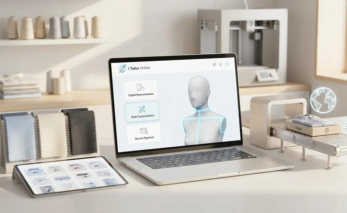 A laptop on a studio bench running the i-Tailor Online storefront, showing digital measurements, style customisation and secure payment beside a body scan, with fabric swatches and a collar catalogue to hand.